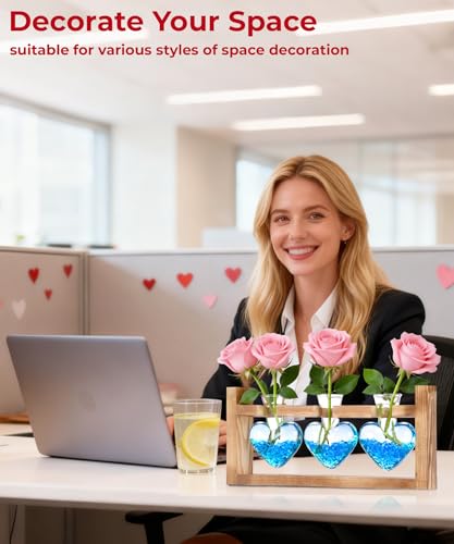 Plant Terrarium with Wooden Stand, 3 Heart Bulb Glass Vases | Wooden Stand Tabletop for Air Planter, Gifts for Mom Plant Lovers Mom Women Wife Grandma - color: Transparent