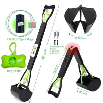 32" Pooper Scooper for Large Small Dogs and Cats, Portable Long Handle Foldable Poop Scoop,Pooper Scooper for Large Dogs with Poop Bags for Grass and Gravel Pet Waste Pick Up