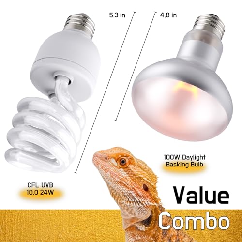 Reptile 100W Basking Spot Bulb & 10.0 24W UVA UVB Bulb Combo – Dual Pack Heat Lamp Bulbs for Reptiles & Amphibians, Heat Lamp for Bearded Dragons, Turtles, Tortoises, Snake Tank Accessories