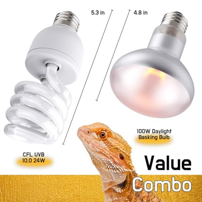 Reptile 100W Basking Spot Bulb & 10.0 24W UVA UVB Bulb Combo – Dual Pack Heat Lamp Bulbs for Reptiles & Amphibians, Heat Lamp for Bearded Dragons, Turtles, Tortoises, Snake Tank Accessories