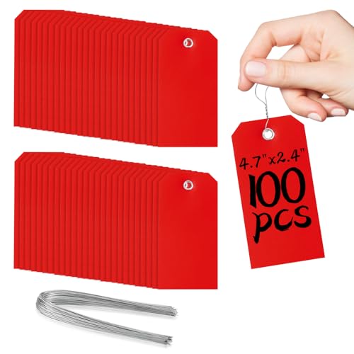 100 Pcs Red Tags with String Blank Shipping Tags with Metal Wire Writable Price Repair Plastic Service for Equipment Product Jewelry Clothing Inventory Car Parts (Red, 4 3/4" x 2 3/8") - color: Red, size: 4 3/4" x 2 3/8"