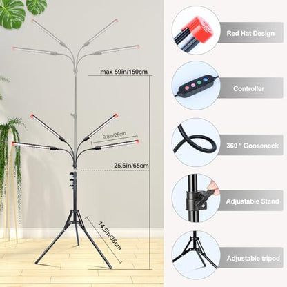 FECiDA Gamechanger! 36 Watt Power Draw, NO Need Adapter, 4Head Grow Light with Tripod Stand, 2026 Big Coverage LED Grow Lights for Indoor Tall Plants, Bonsai Tree, 4/8/12/16/20H Timer - size: Stand-4Head-36W