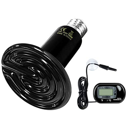 Simple Deluxe 100W Ceramic Heat Lamp Reptile Heat Emitter Heater Lamp Bulb No Light with Free Digital-Thermometer, for Pet Brooder Coop Chicken, Dragon Turtle Lizard Snake Aquarium Tank - size: 1-Pack+Thermometer, style: Black