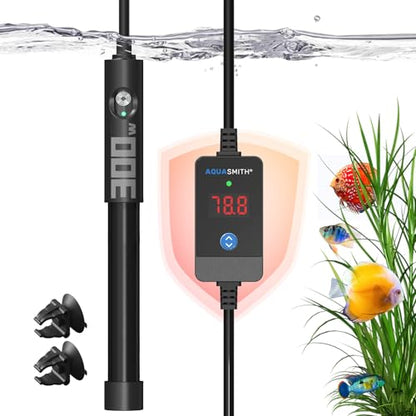AQUASMITH 300W Aquarium Heater Precise Control Fast Heat Auto Off Anti Dry Burn 26-40Gal Tank | External LED precise temp control, fully submersible installation, explosion-proof tube for fresh & salt water - size: XL