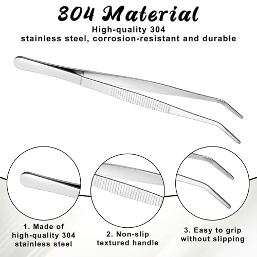 2 PCS 8 Inch Stainless Steel Tweezers with Curved Serrated Tip Kitchen Long Tweezers Set Heavy Duty Sewing Machine Tweezer Long Aquarium Tweezer Reptile Feeding Tongs for Cooking Crafting Repairing