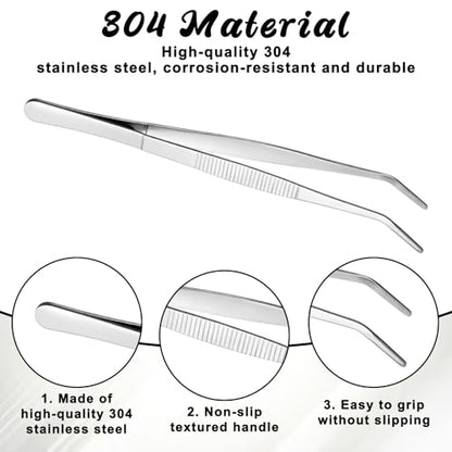 2 PCS 8 Inch Stainless Steel Tweezers with Curved Serrated Tip Kitchen Long Tweezers Set Heavy Duty Sewing Machine Tweezer Long Aquarium Tweezer Reptile Feeding Tongs for Cooking Crafting Repairing
