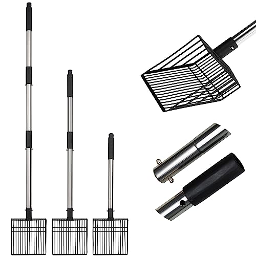 PUPTECK Metal Cat Litter Scoop Adjustable Long Handle Stainless Steel | Fast Sifting Chicken Poop Scooper Coop Accessories, Heavy Duty & Non-Stick Kitty Litter Sifter with Deep Shovel - size: 20"-40"(Adjustable with snap buttons)