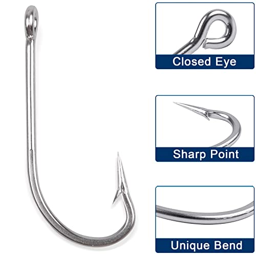 Saltwater Fishing J Hooks O'Shaughnessy Forged Extra Strong Stainless Steel Trolling Sea Bass Striper Snapper Fishing Hooks, Size 1/0-10/0 - size: 1/0-30pcs
