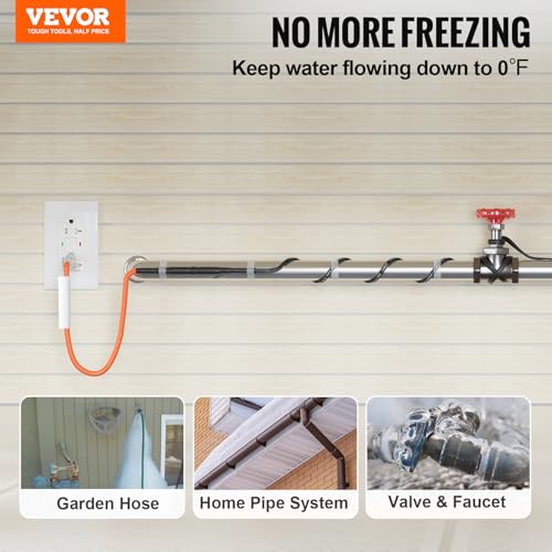 VEVOR Self-Regulating Pipe Heating Cable, 12FT 5W/FT Heat Tape for Pipes Freeze Protection, Water Pipe Heat Cable with Built-in Thermostat Protects PVC Hose, Metal and Plastic Pipe from Freezing - size: 12 Feet