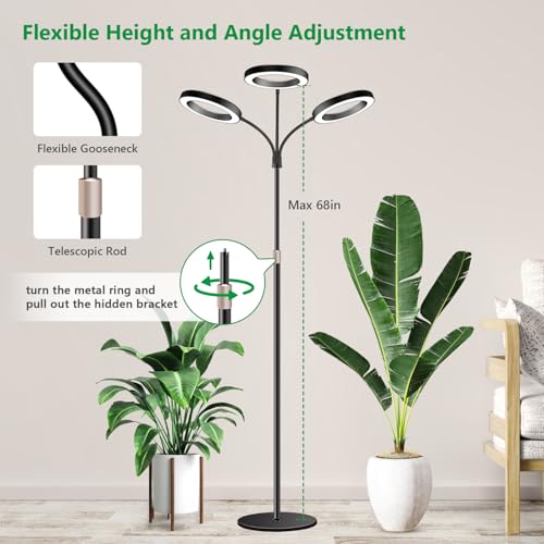 Aumtrly 3 Head Black Floor Grow Light for Large Tall Indoor Plants Growing | 252 LED Full Spectrum Lamp with Stand, 6/12/16H Timer, 5 Dimming Level, 68" Adjustable Height, Flexible Gooseneck, Metal Base - size: 3 head 68inch/black