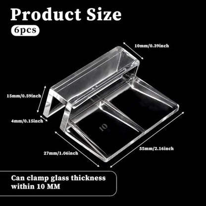 Sliverdew 6 PCS Aquarium Lid Clips, 10 mm Clear Acrylic Fish Tank Lid Holder Aquarium Hoods Support Clamps for Rimless Fish Tank Glass Top - for Thickness 10mm - size: for 10mm thickness