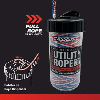 Rapid Rope Canister, 120ft Patriot Tactical Paracord, 1100lb Test, USA Made | Heavy Duty Poly Rope Test Cord, Non-Tangle Dispenser Included, For Hiking, Camping, Survival, Utility, Stocking Stuffer, Gift - size: 120ft, style: Patriot