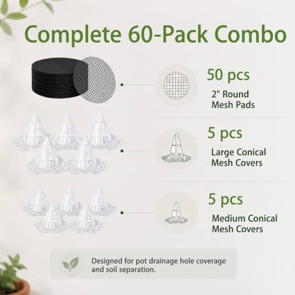 Plant Pot Drainage Kit, 60 Pack | 10 Cone Grid Pads + 50 Mesh Screens, Improves Drainage & Airflow, Reduces Soil Loss, Indoor Outdoor Plants & Bonsai