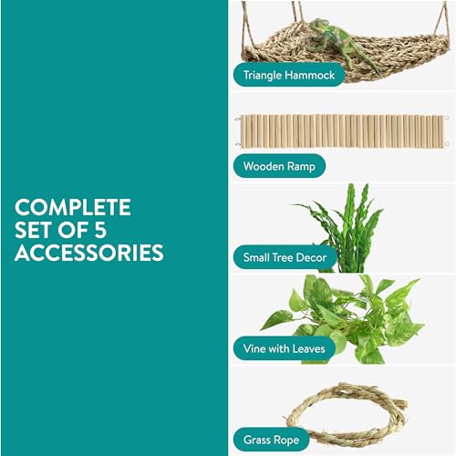 Navaris Bearded Dragon Habitat Essentials - Tank Accessories Set of 5 - Reptile Hammock Adjustable Wooden Ramp DIY Rope Plants - Ideal for Lizard & Gecko Tank