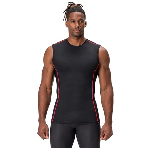DEVOPS 3 Pack Men's Compression Shirts Sleeveless Tank Top Baselayer | Gym Training, Running, Moisture Wicking, Compression Fit, 4-Way Stretch, UPF 50+, Sleeveless - color: 1# (3 Pack) Black / Black(gray) / Black(red), size: Small