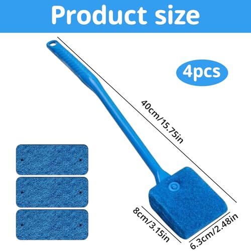 4Pcs Aquarium Scrubber, Fish Tank Scrubber with Long Handle and Replaceable Sponge Heads, Efficient Aquarium Sponge Cleaner for Glass Terrariums and Multi-Surface Home Cleaning