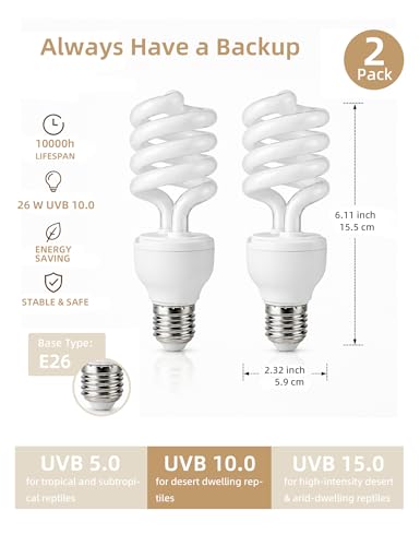 Reptile UVB Bulbs, 26W 10.0 UVA UVB Light Lamp for Terrarium, 2 Pack | Fits Bearded Dragon, Lizard, Tortoises, Iguanas, Chameleons, Snakes