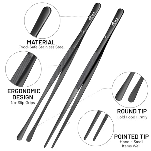 HOTEC Kitchen Tweezers Tongs Stainless Steel Professional Chef Tweezers, Set of 2-12inch Extra-Long Food Tongs for Cooking,Grill and Baking - color: Black, size: 2PCS: 12 Inch