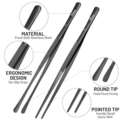 HOTEC Kitchen Tweezers Tongs Stainless Steel Professional Chef Tweezers, Set of 2-12inch Extra-Long Food Tongs for Cooking,Grill and Baking - color: Black, size: 2PCS: 12 Inch