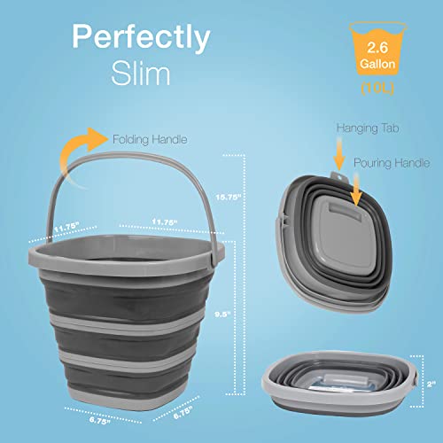 Brookstone Collapsible Bucket, Foldable Cleaning Bucket with Handle, Household Essentials Cleaning Basin and Dust Mop Bucket, Collapsible Wash Basin for Car Cleaning, [2.6 Gal. 10L] Square, Grey - color: Grey, Square, size: 2.6 Gallon