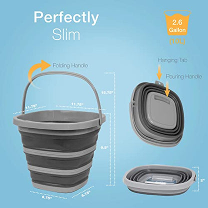 Brookstone Collapsible Bucket, Foldable Cleaning Bucket with Handle, Household Essentials Cleaning Basin and Dust Mop Bucket, Collapsible Wash Basin for Car Cleaning, [2.6 Gal. 10L] Square, Grey - color: Grey, Square, size: 2.6 Gallon