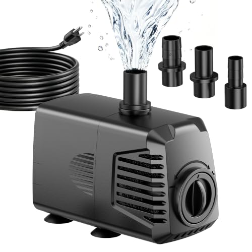 200GPH Submersible Water Pump, Water Fountain (700L/H, 12W) with 5.9FT High Lift Adjustable & 3 Nozzles & 9.8FT Cord, Ultra Quiet Aquarium Pump for Pond Fountain Waterfall Hydroponics-Q102 - size: 200GPH