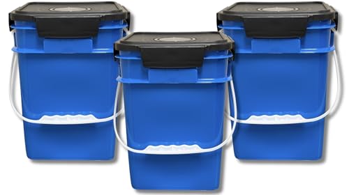 4 Gallon Square Food Grade Bucket Pail with Plastic Handles and Lid (Pack of 3) Made in USA containers (Blue) - color: Blue