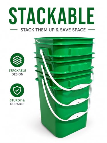 4 Gallon Square Food Grade Bucket Pail with Plastic Handles and Lid (Pack of 3) Made in USA containers (Green) - color: Green