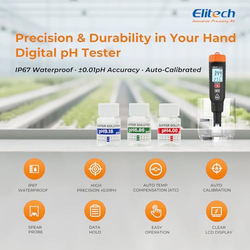 Elitech PHM-230 Professional Digital pH Pen Meter for Water and Solutions | pH Temperature Tester with ATC, Full Calibration Kit, 0.00-14.00 Range for Hydroponics, Growing, Drinking Water, Plants