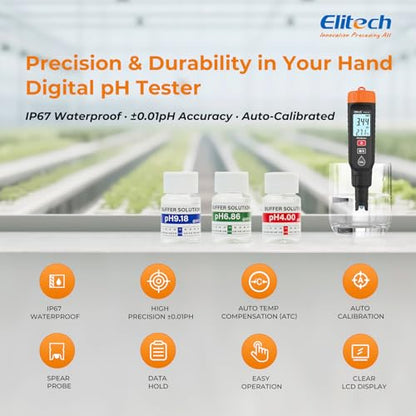 Elitech PHM-230 Professional Digital pH Pen Meter for Water and Solutions | pH Temperature Tester with ATC, Full Calibration Kit, 0.00-14.00 Range for Hydroponics, Growing, Drinking Water, Plants