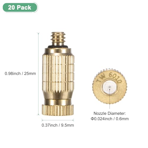 M METERXITY 20-Pack Brass Misting Nozzles, 0.024"/0.6mm Orifice Mister Nozzles Brass, High Pressure Spray Misting Nozzle Head for Outdoor Cooling System/Greenhouse/Landscaping [10/24 UNC] - size: 0.6mm