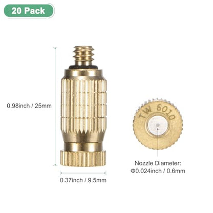 M METERXITY 20-Pack Brass Misting Nozzles, 0.024"/0.6mm Orifice Mister Nozzles Brass, High Pressure Spray Misting Nozzle Head for Outdoor Cooling System/Greenhouse/Landscaping [10/24 UNC] - size: 0.6mm