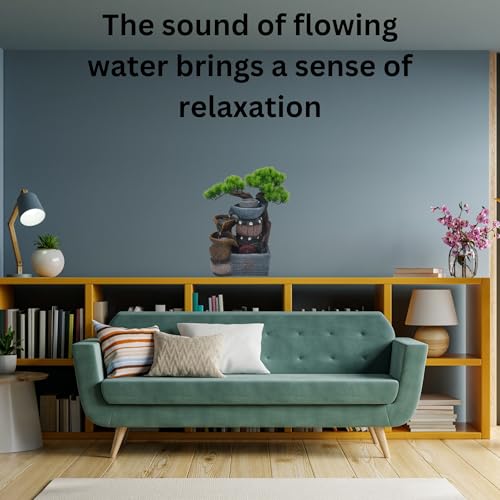 14.5-Inch Tabletop Water Fountain with Bonsai Tree, 3 Cascading Pots, Elegant 3-Tier Rock Garden, Serene Meditation Gift with Waterfall Sounds for Home/Office