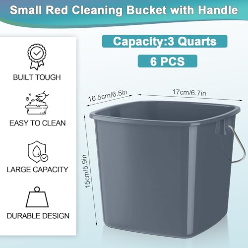 Zhehao 6 Pcs 3 Quart Bucket for Cleaning Small Sanitizer Bucket for Restaurant Square Plastic Pail with Handles for Home, Offices, Commercial Use, Food Service(Gray) - color: Gray