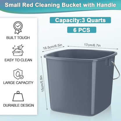 Zhehao 6 Pcs 3 Quart Bucket for Cleaning Small Sanitizer Bucket for Restaurant Square Plastic Pail with Handles for Home, Offices, Commercial Use, Food Service(Gray) - color: Gray