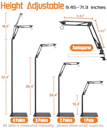 4 IN 1 Metal Reptile Lamp Stand with Swing Arm for Terrarium - Floor Light Stand for Reptile Tank - Adjustable Height & Width & Angle Heat Lamp Holder - Heating Light Bracket & Hanger (Max Height 72")