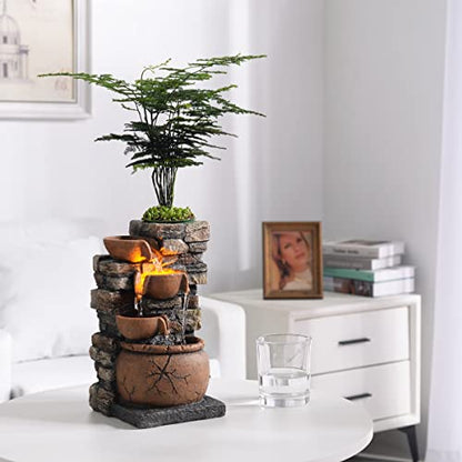 Indoor Fountain 4-Bowl Rockery Soothing Sound Tabletop Fountains Home/Office Decor with a Small Plastic Pot to Grow The Plant by Yourself(Automatic Watering)(23001)