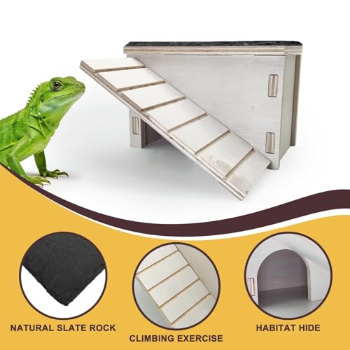 Bearded Dragon Basking Platform,Wooden Reptile Hide Cave with Slate Rock Climbing Ramp Tank Accessories for Leopard Geckos,Lizard,Snake,Tortoise (Small) - size: S:7.1×4.7×4.3"