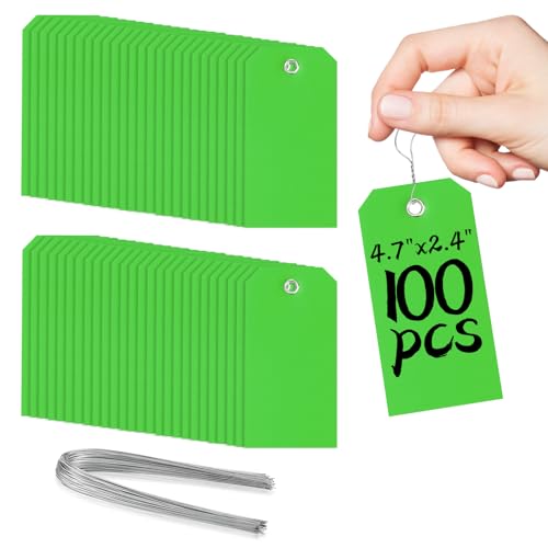 100 Green Tags with Wires - Waterproof, Writable, Neon - 4 3/4" x 2 3/8" Heavy Duty Shipping Tags for Luggage, Parts, Machines - color: Green, size: 4 3/4" x 2 3/8"
