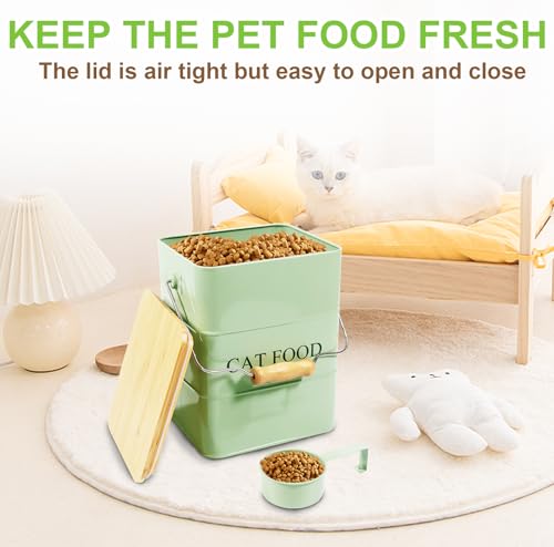 Cat Food storage container Cat Treats Jar,5~6 lb Metal food treats tin for Cat, pet snacks Canisters with wooden lid/handle/sevice scoop-Green - color: Cat-Green