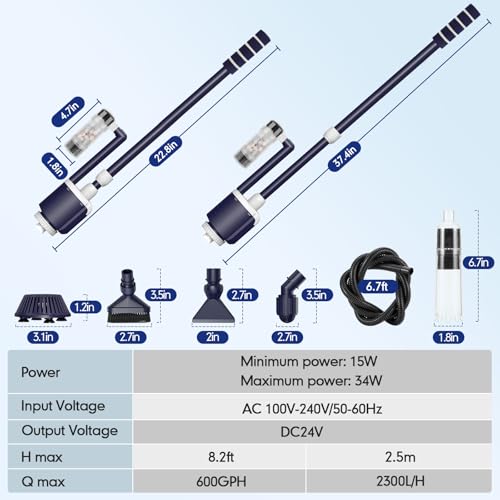 AQQA Fish Tank Cleaner,DC34W/600GPH Adjustable Flow Aquarium Gravel Vacuum | Multi-Filtration Purifies Water Electric Cleaning Kit for Water Change Water Circulation Wash Sand Gravel 110V-240V
