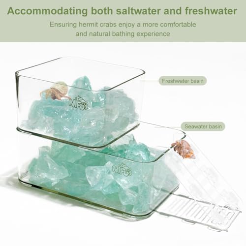 La La Pet Acrylic Hermit Crab Water Tank and Leaf-Shaped Food Bowl Transparent Bathtub with Climbing Ladder and Stones Preventing Drowning Stackable Pools for Fresh and Saltwater L