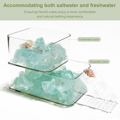 La La Pet Acrylic Hermit Crab Water Tank and Leaf-Shaped Food Bowl Transparent Bathtub with Climbing Ladder and Stones Preventing Drowning Stackable Pools for Fresh and Saltwater L