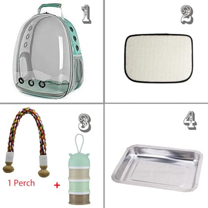 Bird Traval Carrier Cage, Clear Space Capsule Astronaut Backpack to Carry Parakeet Cockatiel Parrot with Metal Tray Bird Feeder Wood Perch, Vet Transport School Bag - color: Green