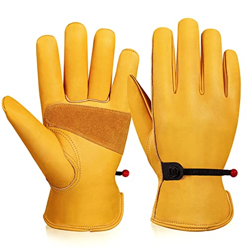 OZERO Leather Work Gloves for Men: Cowhide Garden Gloves, Gold, XL, 1 Pair | Full Grain Cowhide, ANSI/ISEA 105 Certified, Puncture Level 4, Abrasion Level 3, for Gardening Yard Construction Ranch Work - size: X-Large (1 Pair)
