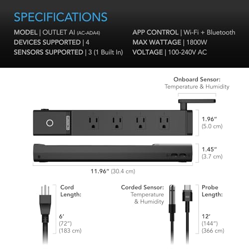 AC Infinity Outlet AI, Environment Controller, Smart WiFi Power Strip | Dual-Zone Temperature Humidity, Individual Control 4 Plugs, AI Targeting, Thermostat Greenhouse Aquarium Terrarium Home 1800W - style: 4 Plugs