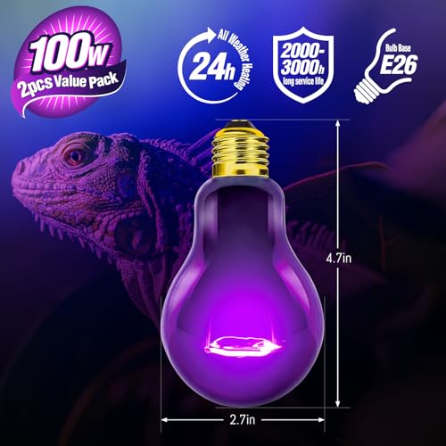 Leoterra Reptile Night Heat Lamp 2-Pack 100W - Purple Moonlight Simulation Bulb 40+Gallons Tank Use for Chameleons, Snakes, Green Iguanas Lizard Use 120V E26 Base 2000+ Hours Long Life - style: 100w
