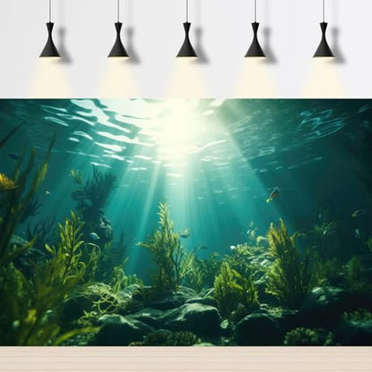 Aquarium Background Underwater Aquatic Plants Rocks Fish Tank Background Tropical Fish Sun Rays Landscapes Terrarium Backgrounds Undersea Rocks Green Seaweeds Reptile Tank Backgrounds Poster 24x12in - color: Green, size: 24(W)x12(H)in