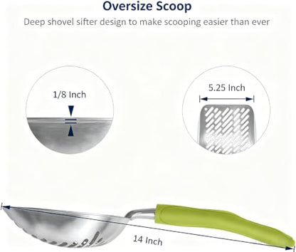 Cat Litter Scoop, Aluminum Alloy Sifter, Kitty Metal Scooper, Deep Shovel with Diagonal Sifting Hole, Long Handle, Kitten Poop Lifter for Litter Box, Large Size, Green Handle - color: #03 Green, size: Large