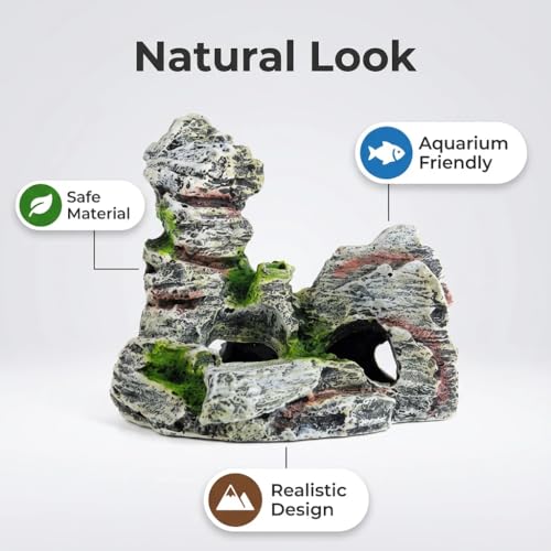 Resin Aquarium Stone Cave with Artificial Moss – Natural Rock Mountain Ornament for Fish Tank, Shrimp & Betta Hiding, Reptile Habitat Decoration, Small Landscape Terrain Accessory for Aquatic Decor（B）